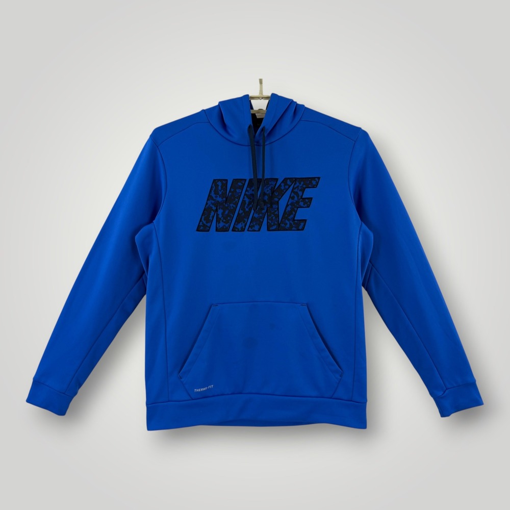 Nike Therma-FIT Hoodie Mens Medium Blue Camo Logo Pullover Sweatshirt 717109-480